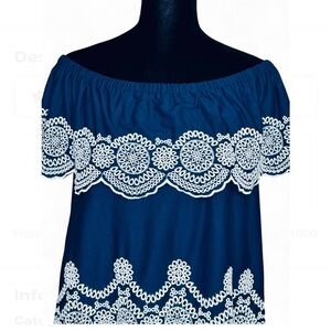 FEVER Navy Blue Blouse XL, Off The Shoulders With White Embroidered Details